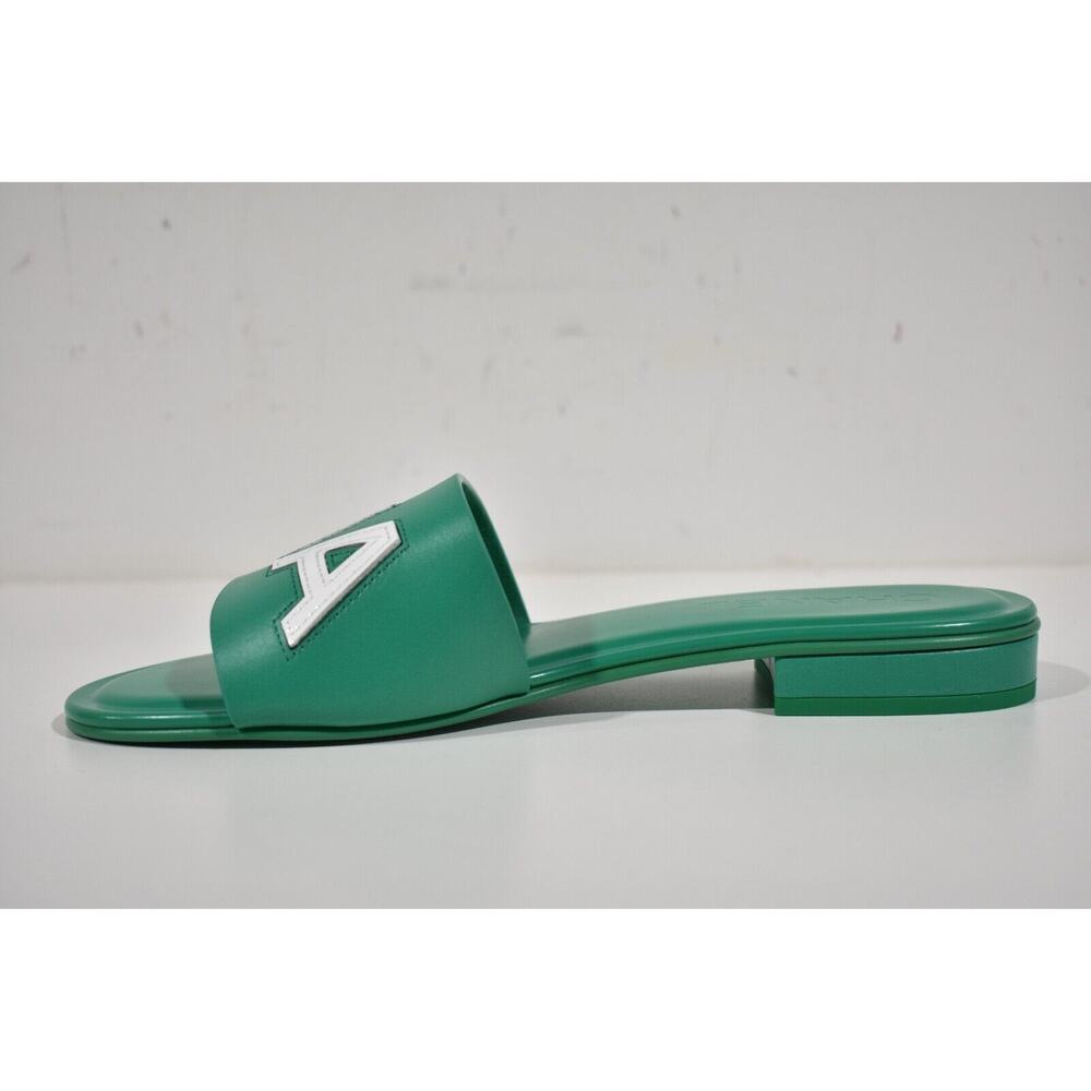 Chanel 23P Green White Leather CC Logo Letter Mules Slide Slip Sandal Flat 38.5 - Picture 9 of 12